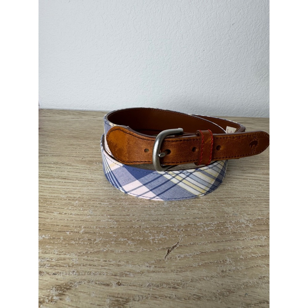 Brooks Brothers Mens Plaid Cotton and Leather Belt Brown Blue Pink Size Large